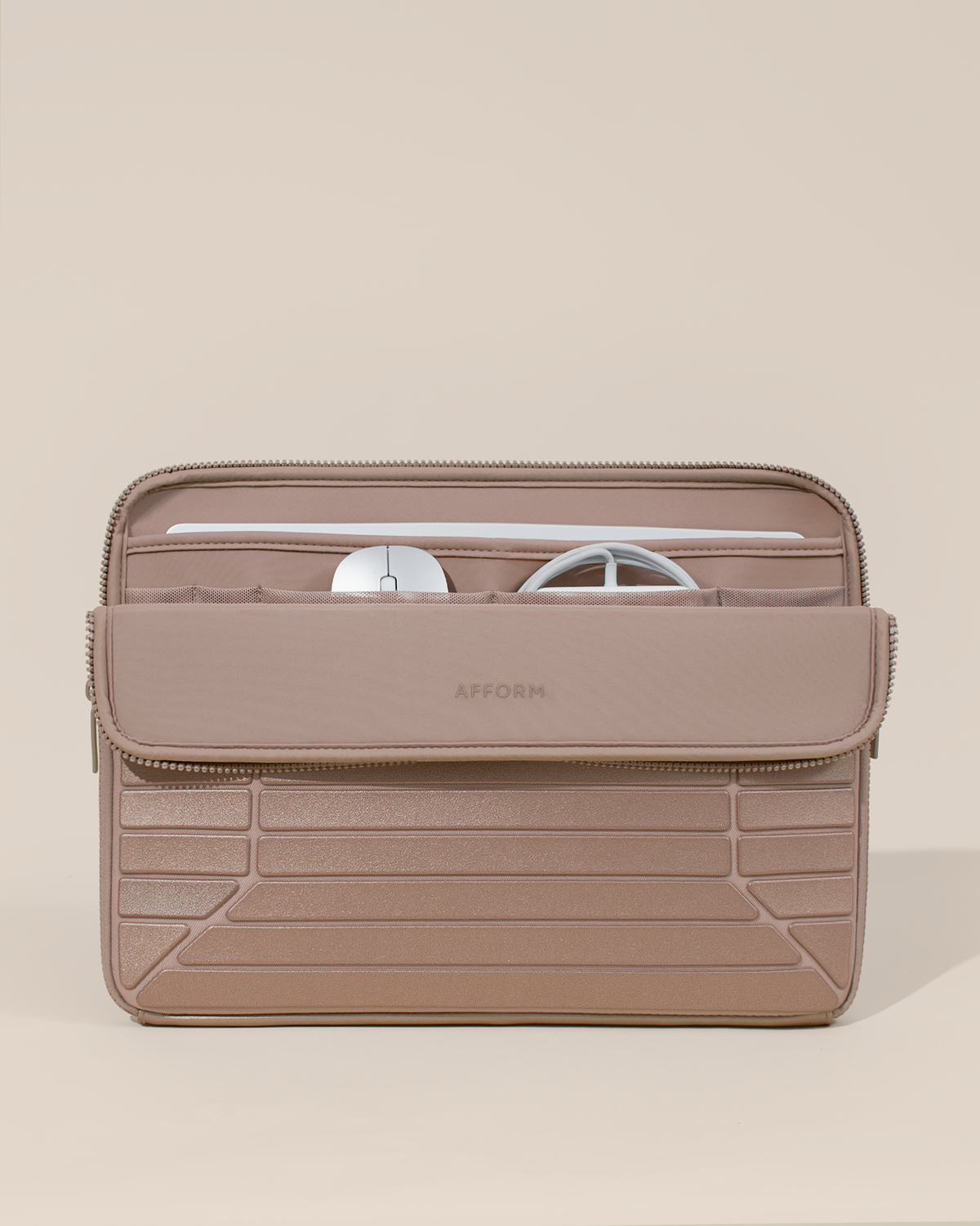 Afform 15" bronze Laptop Case partially open, fold-down front panel revealing a laptop in the neoprene sleeve and mesh pockets with a mouse and charger, structured horizontal bar detail on exterior