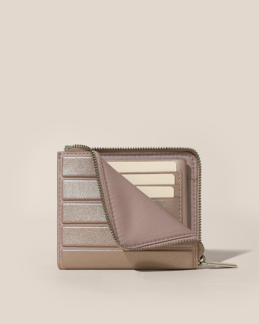 Partially unzipped Afform Bronze Zip Wallet revealing interior card slots holding cards