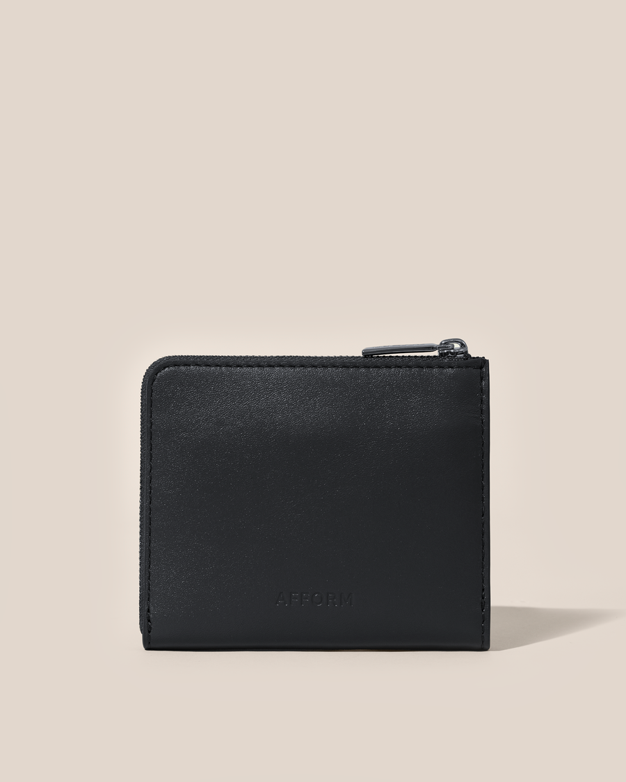 Back of the Afform Onyx Zip Wallet showing a smooth finish and embossed Afform logo