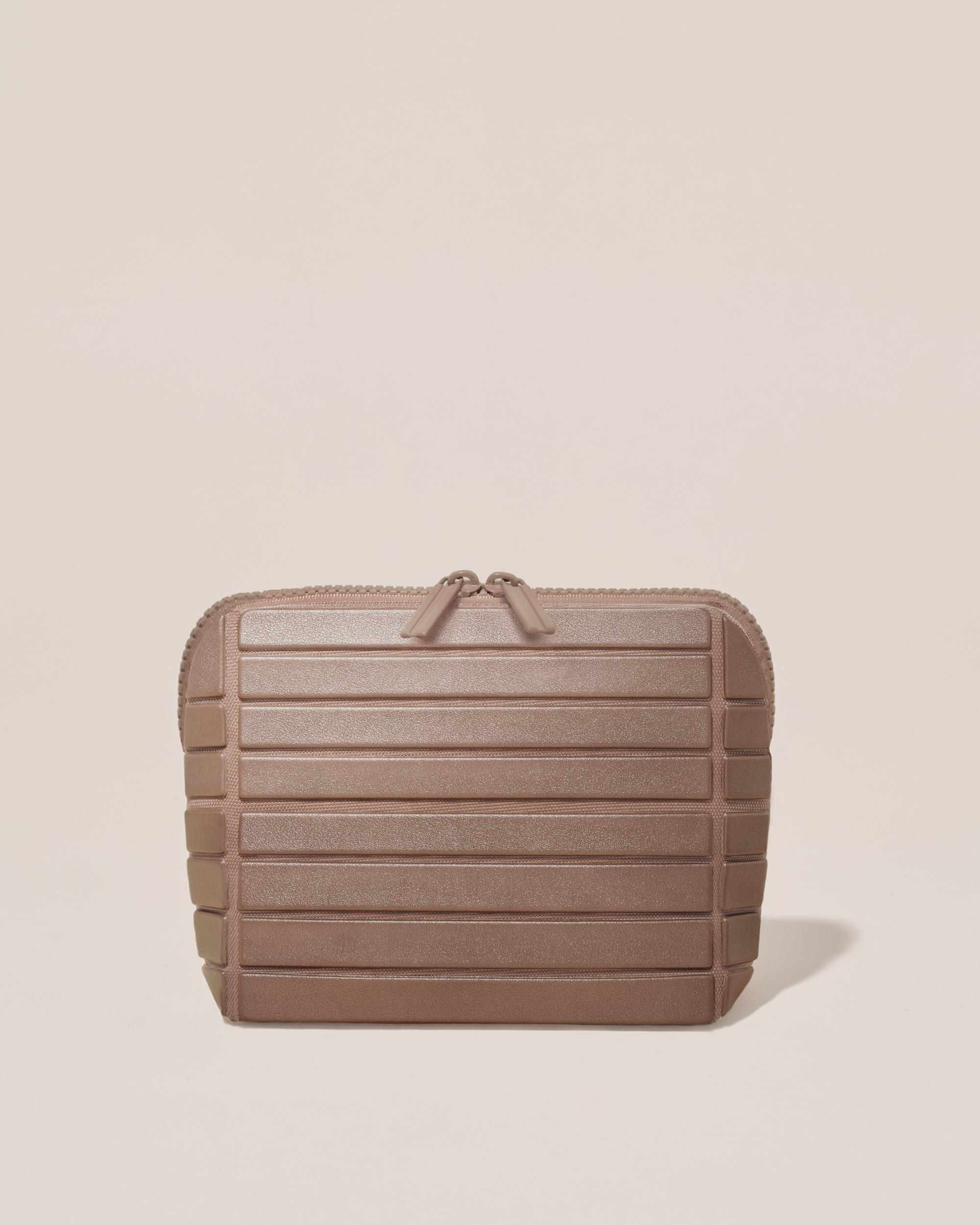 Closed Afform Small Bronze Traveller makeup bag with structured horizontal bar design