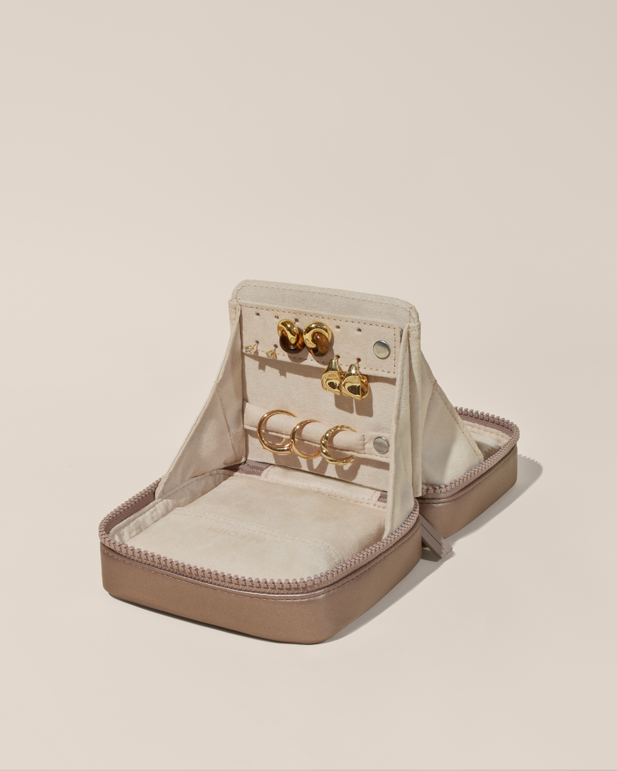 Open Afform Small Bronze Vault, shown open and packed with rings and earrings on respective removable ring and earring bars.