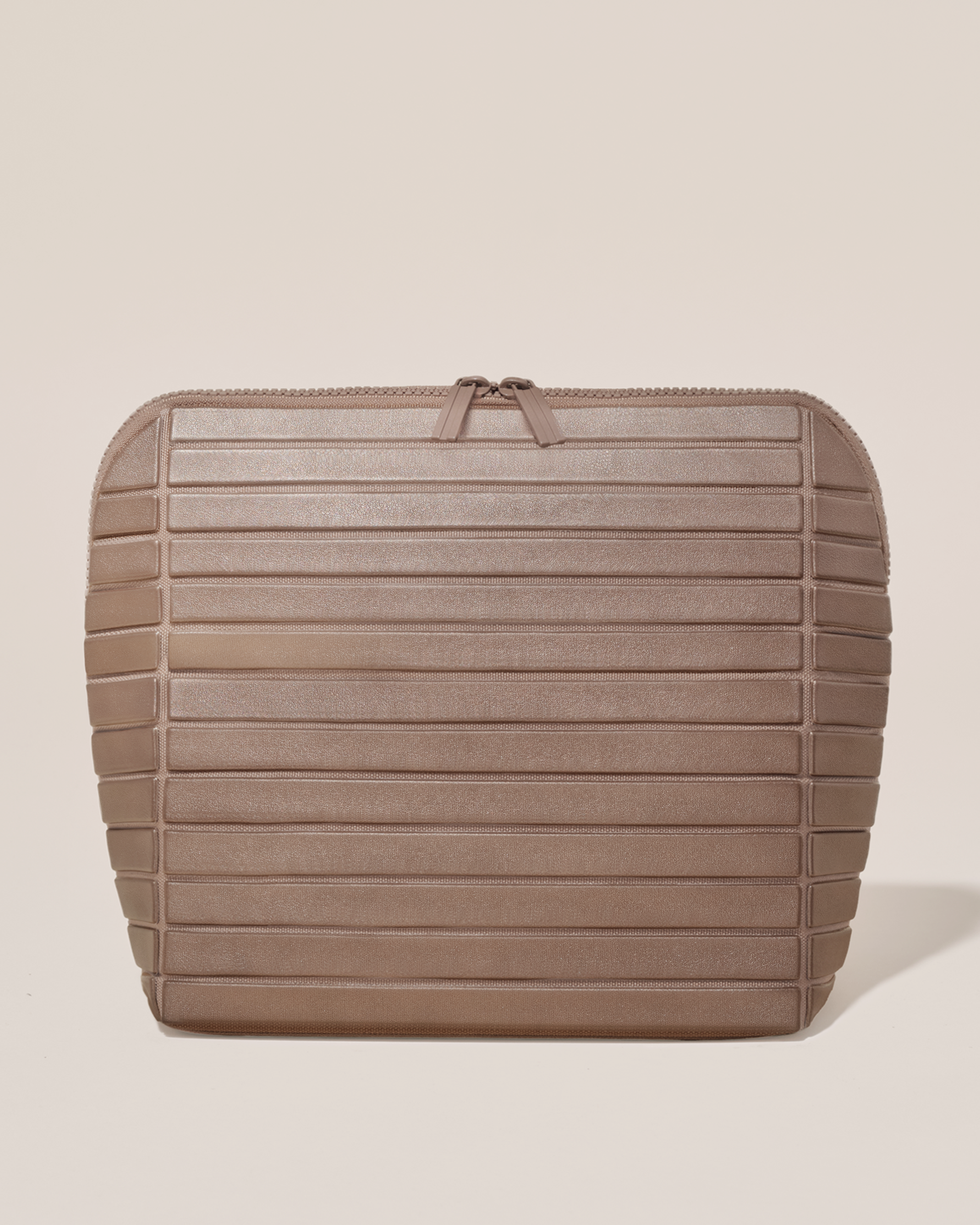 Closed Afform Large Bronze Traveller makeup bag with structured horizontal bar design