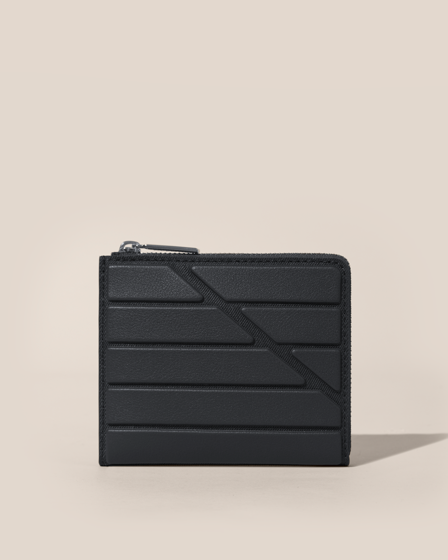 Closed Afform Onyx Zip Wallet with structured horizontal bar design on the front