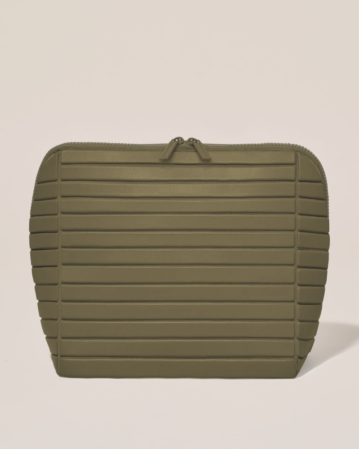 Closed Parallelle Large Olive (green) Traveller makeup bag with structured horizontal bar design